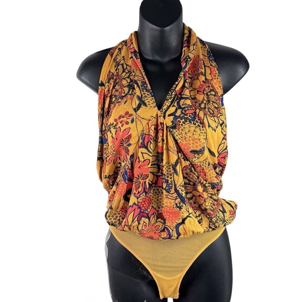 Free People Mustard Floral Halter Bodysuit